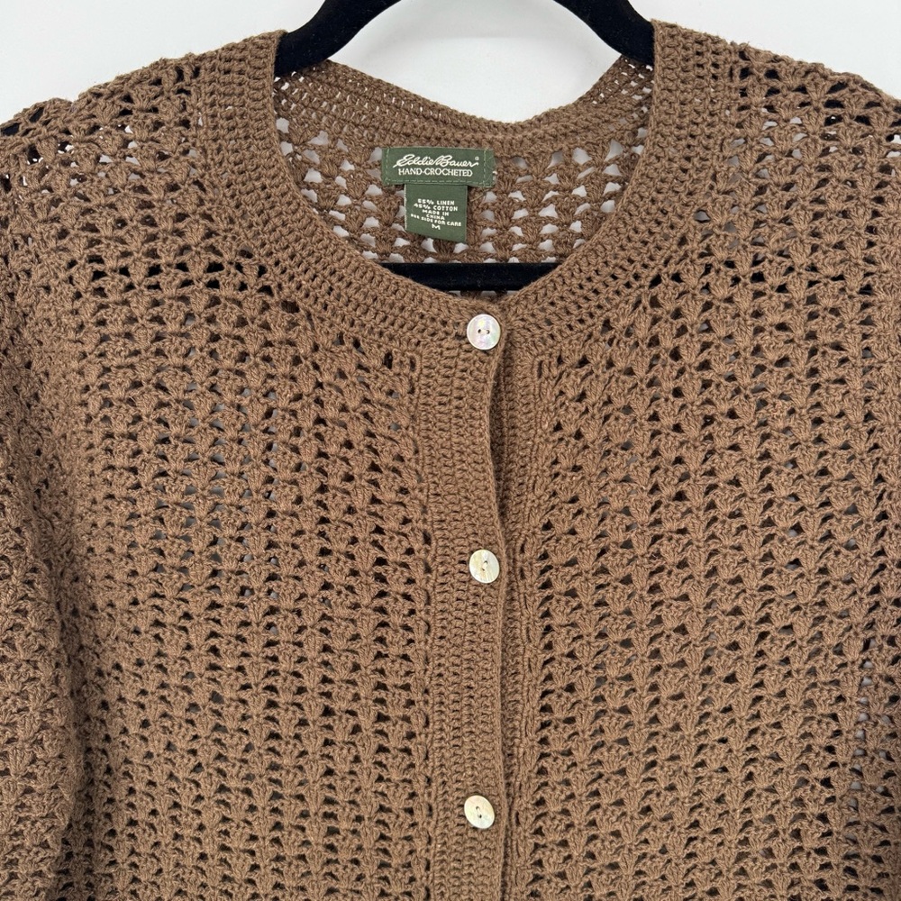 Vintage Eddie Bauer Crochet Linen Cotton Blend Brown Open-Knit Cardigan - Picture 6 of 7